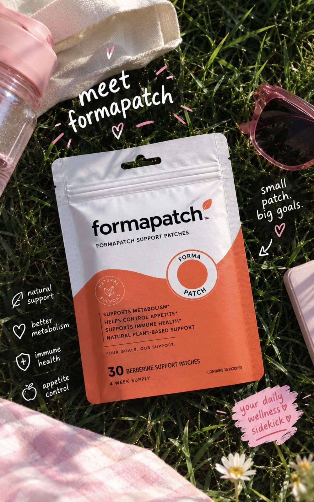 formapatch pouch on a picnic blanket in the grass